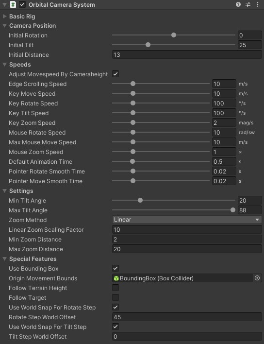 OrbitalCam component in the Inspector